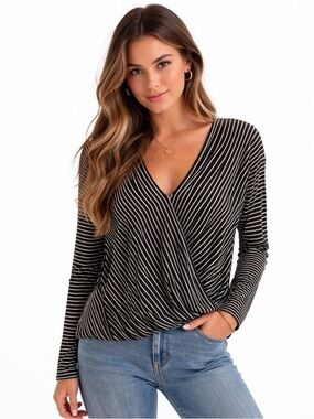 Tahari Black and White Striped Surplice Long-Sleeve Top